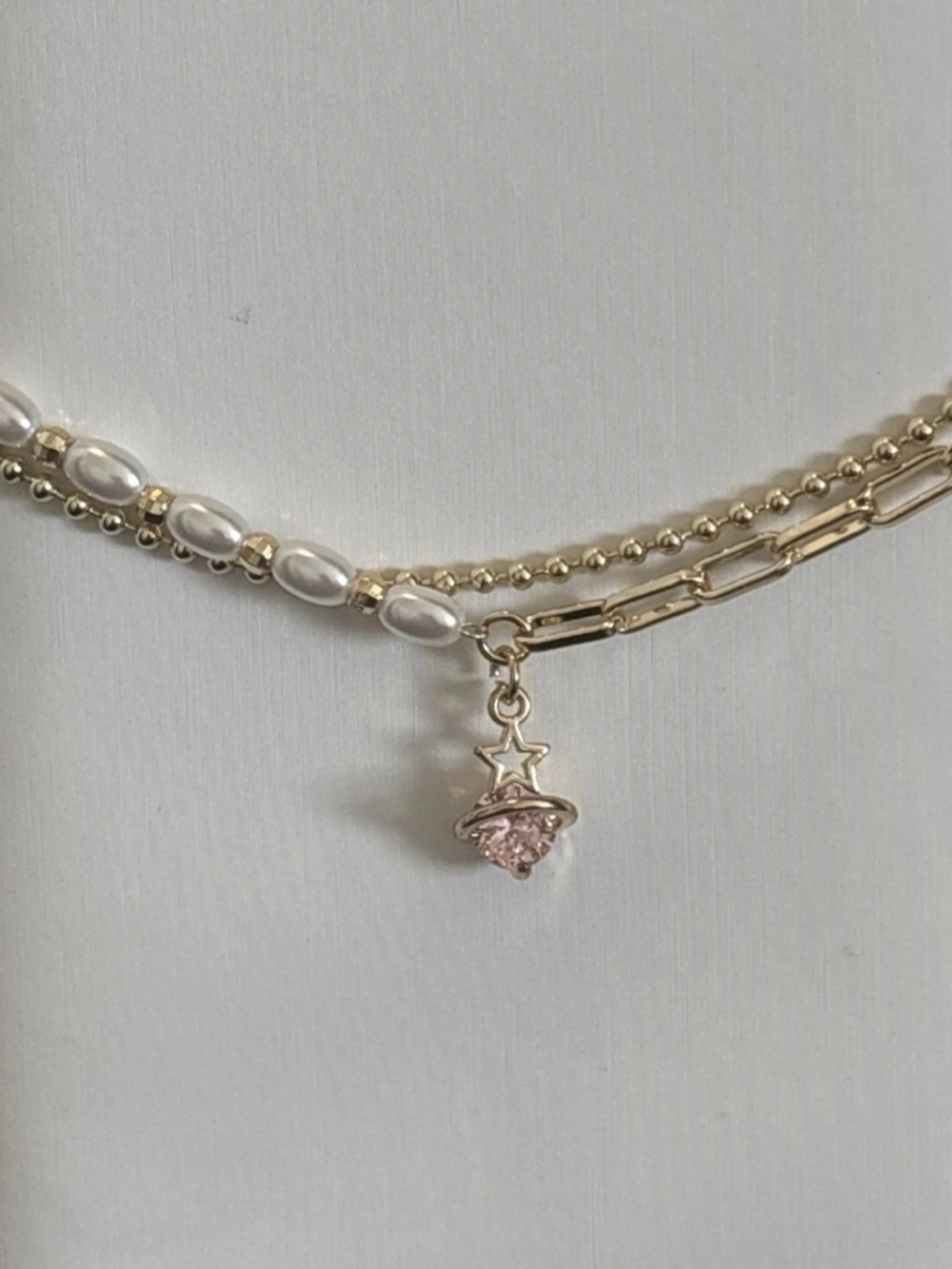 Gold Plated Layered Bracelet Faux Pearl Chain Pink CZ Celestial Charm Adjustable - Picture 6 of 11